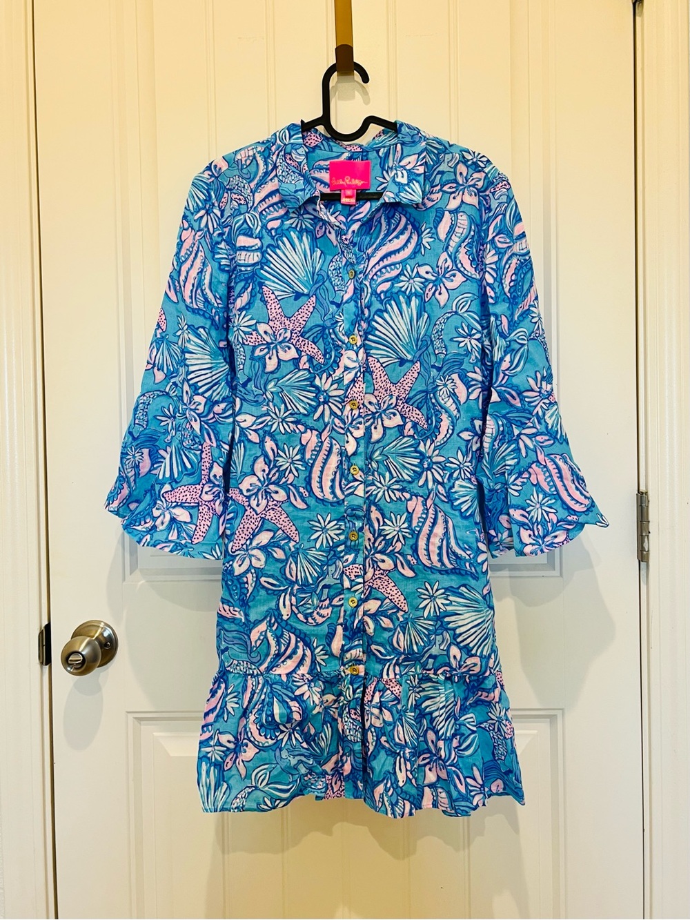 Lilly Pulitzer Blue & Pink Tropical Button-Front Ruffle Dress